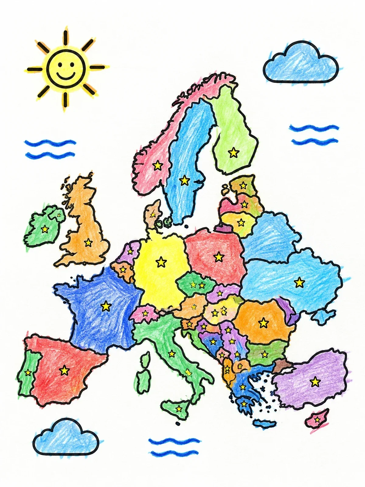 Colored example of the Map Of Europe With Country Capitals coloring page