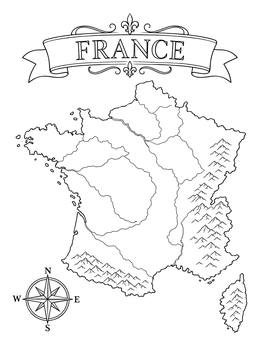 An outline map of France coloring page with mountains, regions, and a decorative banner.