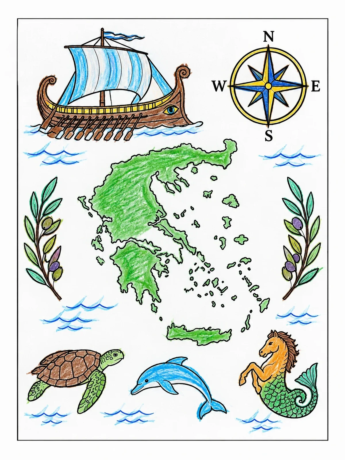 Colored example of the Map Of Greece With Maritime Symbols coloring page
