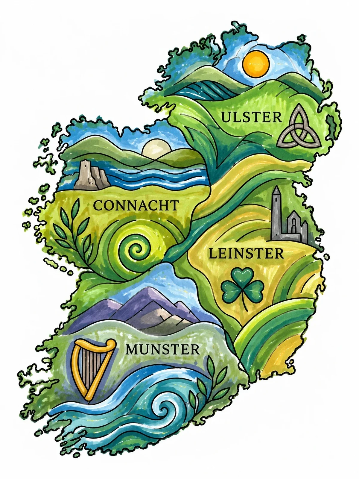 Colored example of the Map Of The Four Irish Provinces coloring page