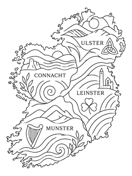An ireland coloring page featuring a decorative map of Ulster, Munster, Leinster, and Connacht.