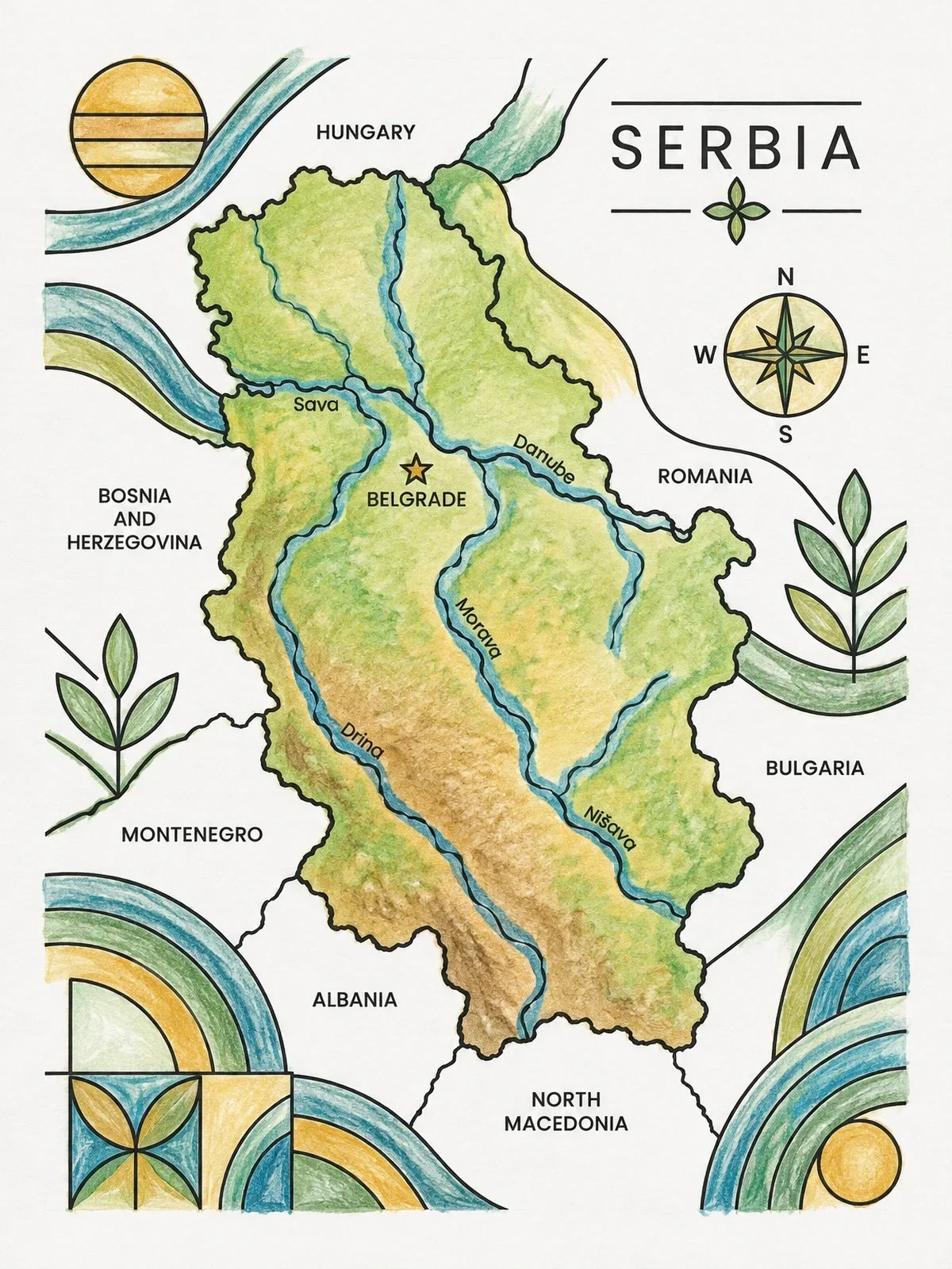 Colored example of the Map Of Serbia With Rivers coloring page