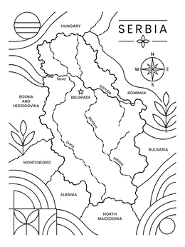 A detailed serbia coloring page showing the country map, major rivers, and neighboring nations.