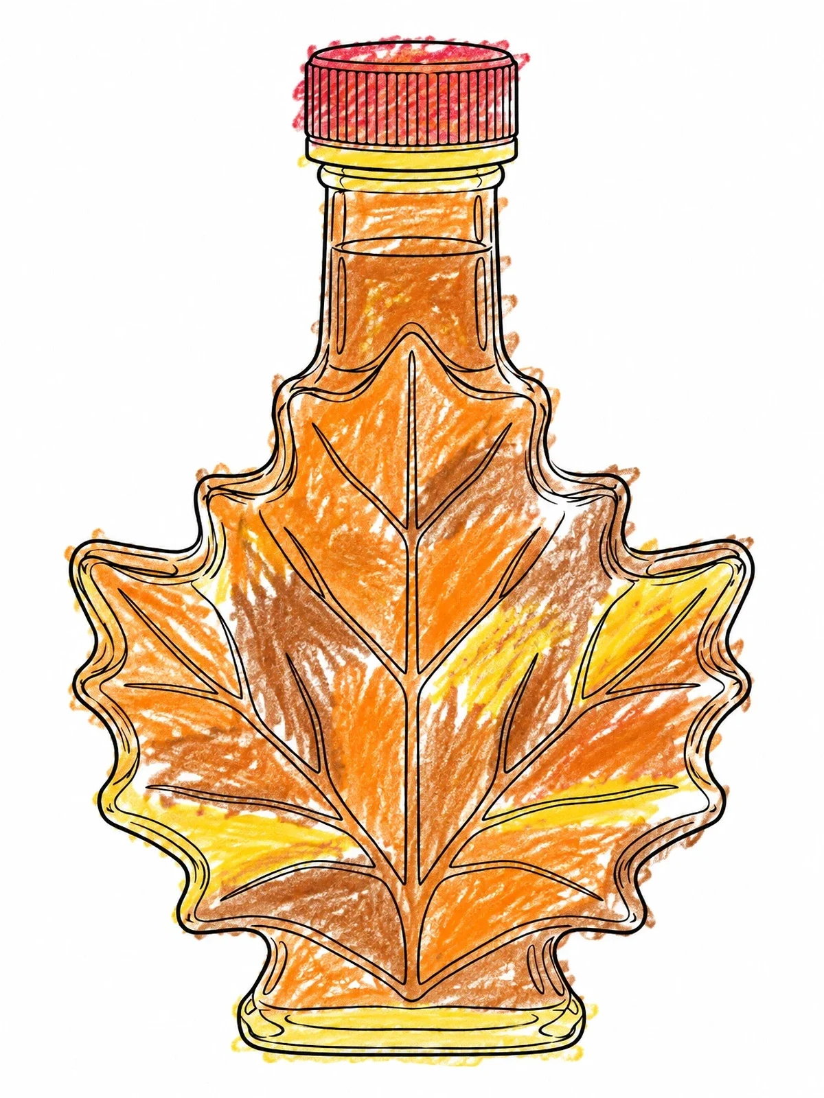 Colored example of the Maple Leaf Glass Syrup Bottle coloring page