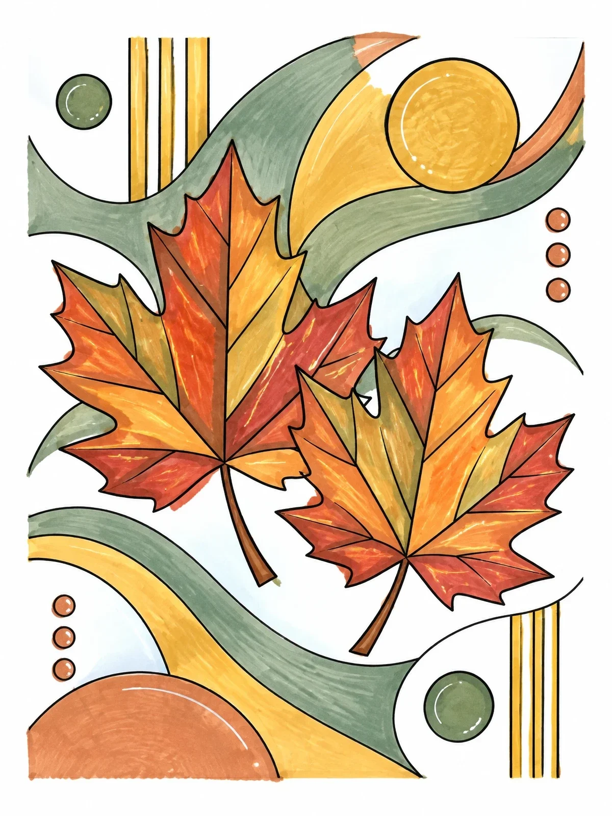 Colored example of the Maple Leaves On Abstract Geometric Background coloring page