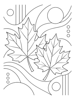 Two detailed maple leaves rest over flowing geometric patterns in this leaves coloring page.