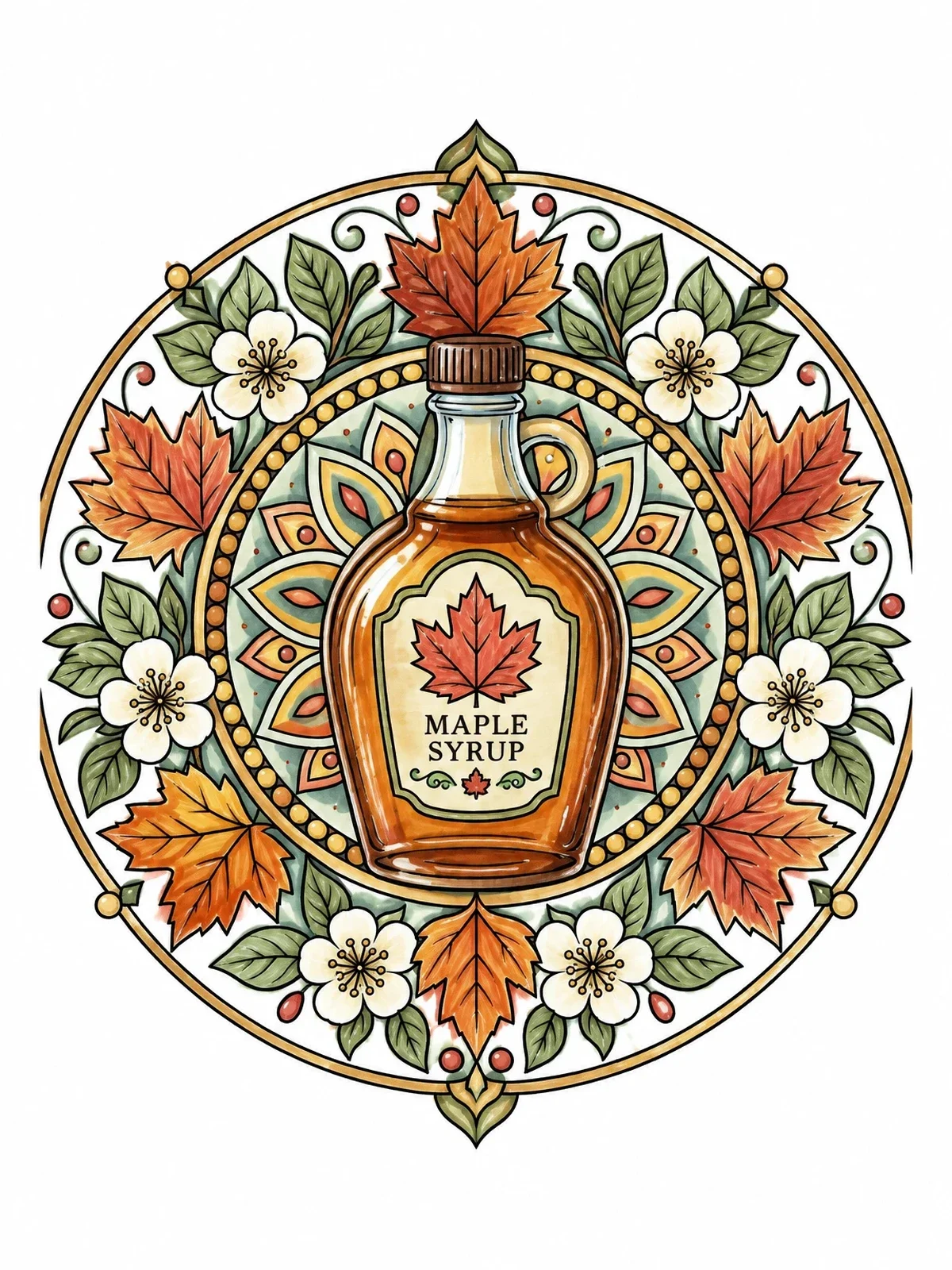 Colored example of the Maple Syrup Bottle Mandala coloring page