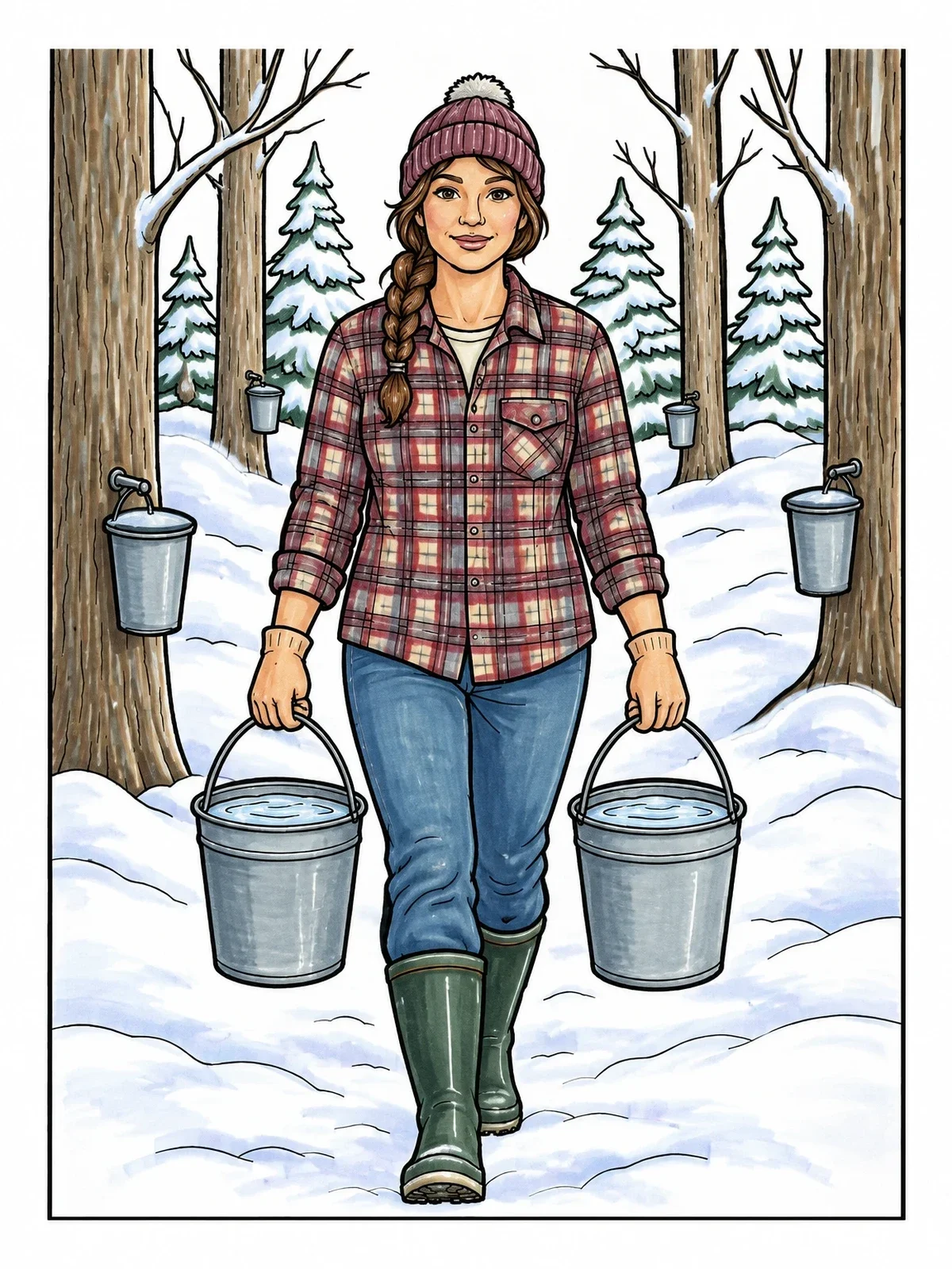 Colored example of the Sugarmaker Carrying Sap Buckets coloring page