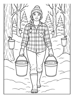 A woman carrying buckets of sap in a snowy forest on this maple syrup coloring page.