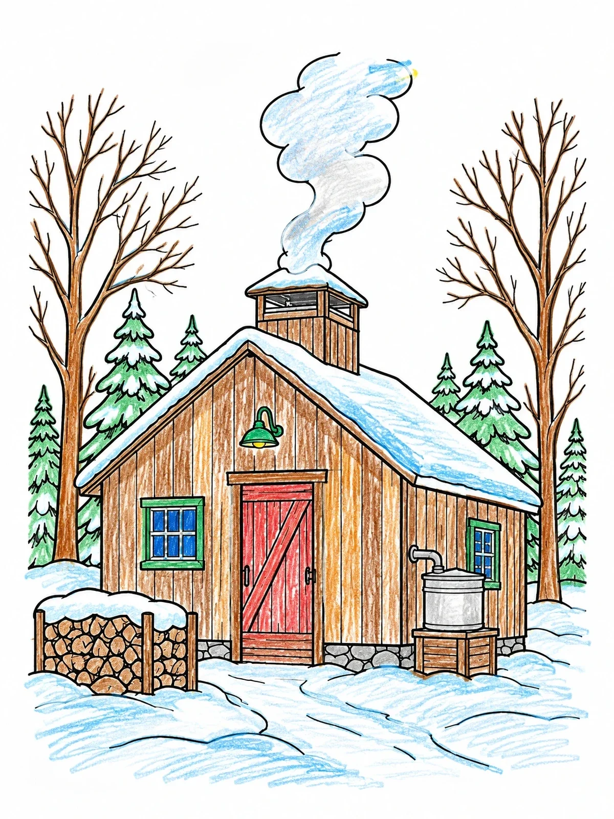 Colored example of the Cozy Wooden Sugar Shack In Winter coloring page