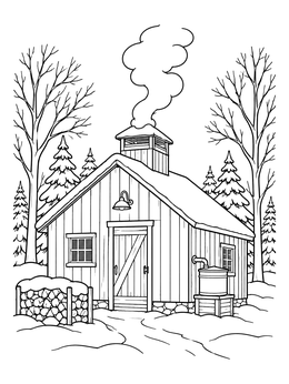 A rustic cabin in the snowy woods features on this maple syrup coloring page.