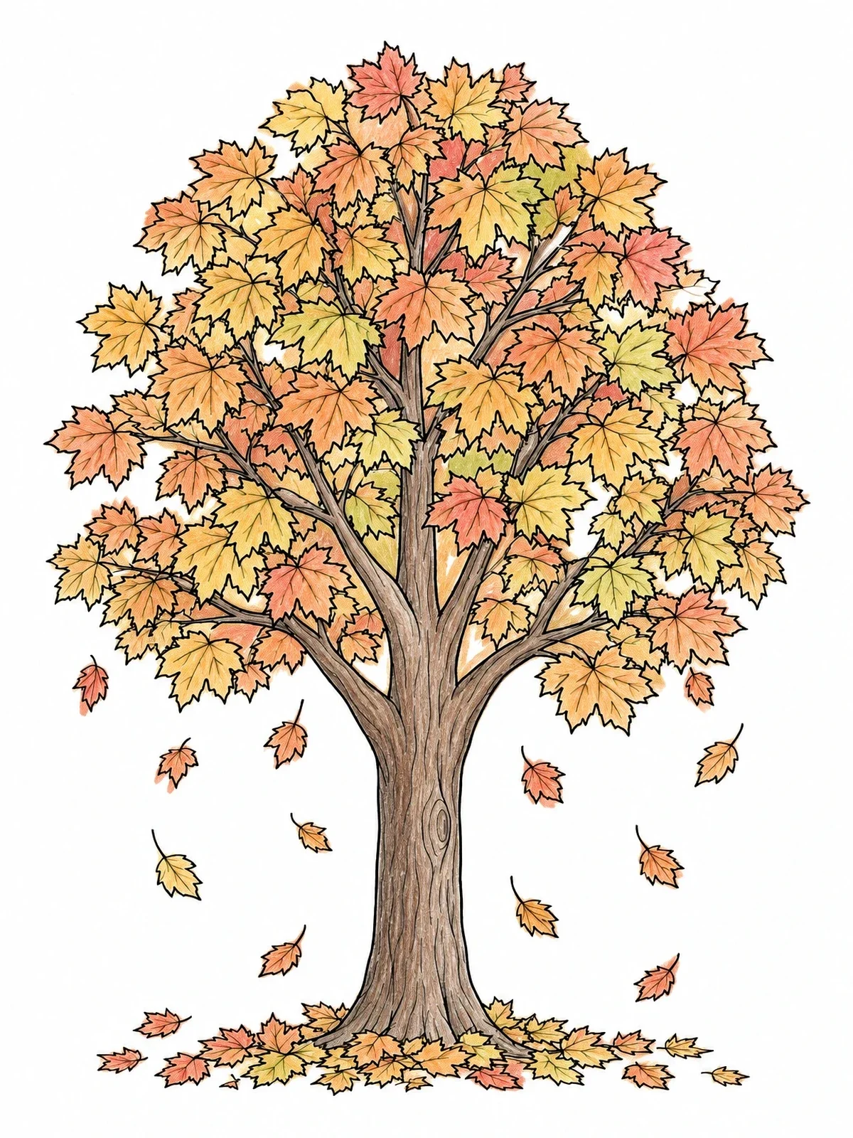 Colored example of the Maple Tree With Falling Autumn Leaves coloring page