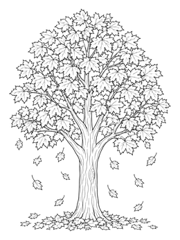 Free printable Maple Tree With Falling Autumn Leaves coloring page