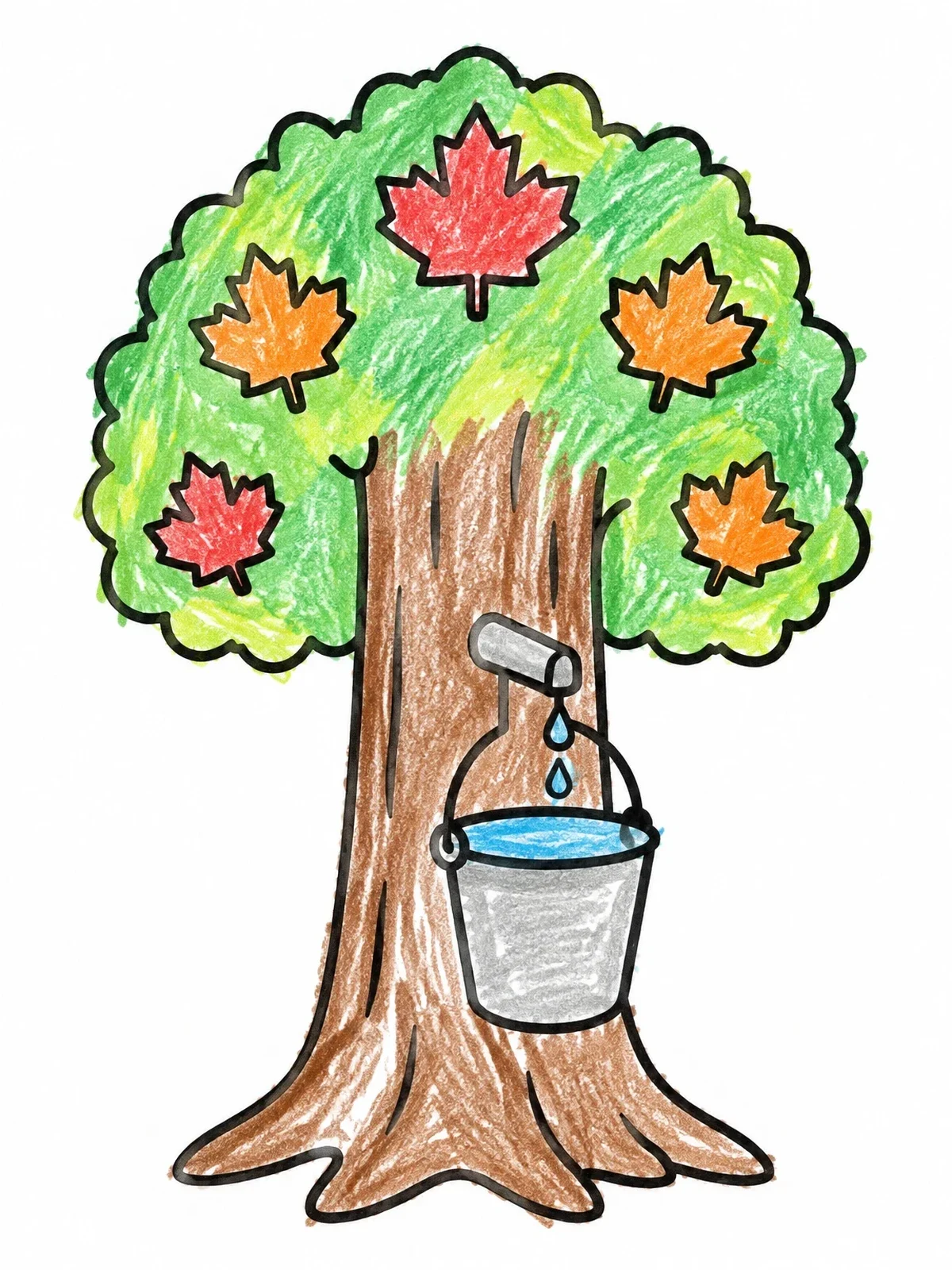 Colored example of the Maple Tree With Sap Bucket coloring page