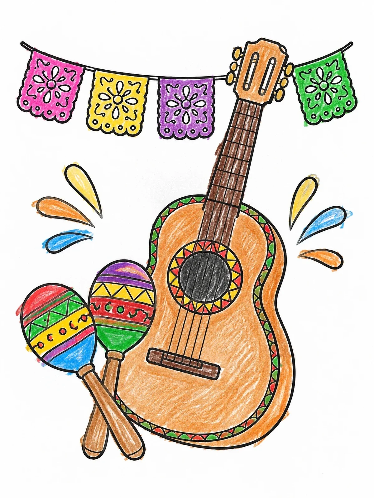 Colored example of the Festive Maracas And Acoustic Guitar coloring page