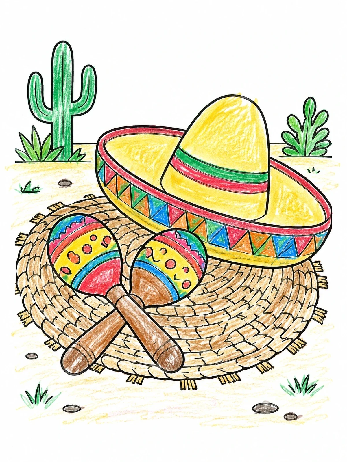 Colored example of the Maracas And Sombrero On Woven Mat coloring page