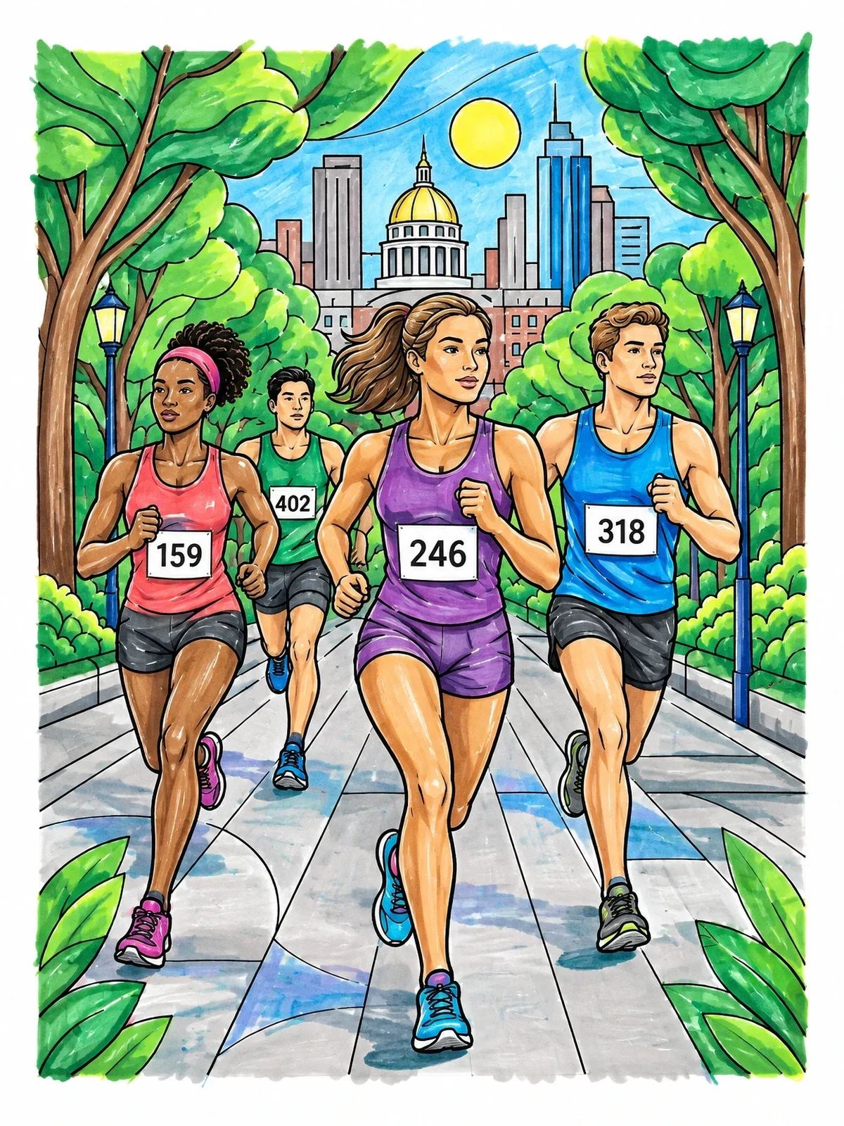 Colored example of the Marathon Runners In Boston coloring page