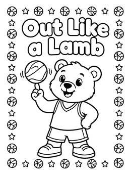 A cute cartoon bear spins a basketball on this march coloring page.