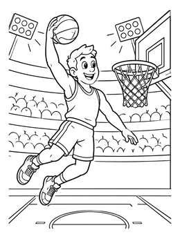 A cheerful boy dunks a basketball in this sporty march coloring page.