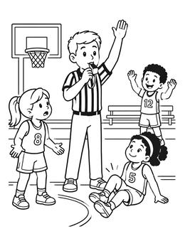 A basketball referee blows his whistle on court in this march coloring page.