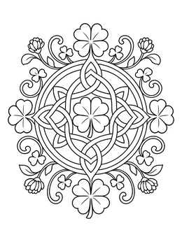 A decorative march coloring page with a symmetrical Celtic knot and shamrock mandala.
