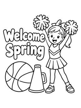 A cheerful girl cheering with pom-poms in this march coloring page.