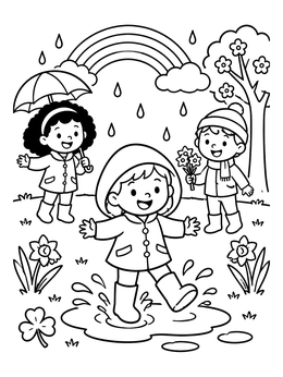 Kids enjoy rain showers outdoors in this cute march coloring page.
