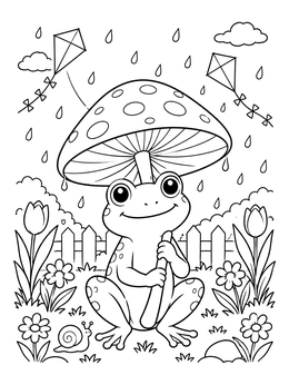 A cheerful frog with a mushroom umbrella in a rainy march coloring page.
