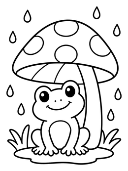 Free printable Cute Frog Under Mushroom Umbrella coloring page