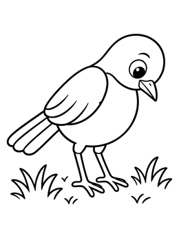 A cute cartoon robin bird looks down at grass in this march coloring page.