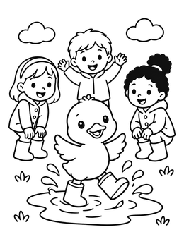 Free printable Duckling And Children Splashing In Puddle coloring page