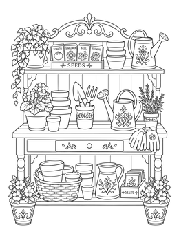 A garden potting bench with watering cans and plants in this March coloring page.