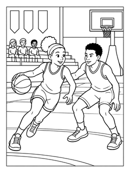 A girl dribbles past a defender on a march coloring page set inside a gymnasium.