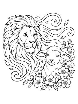 A lion with swirling wind next to a gentle lamb in flowers on this march coloring page.
