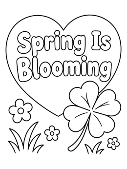 A four-leaf clover and flowers on a march coloring page with a heart sign.