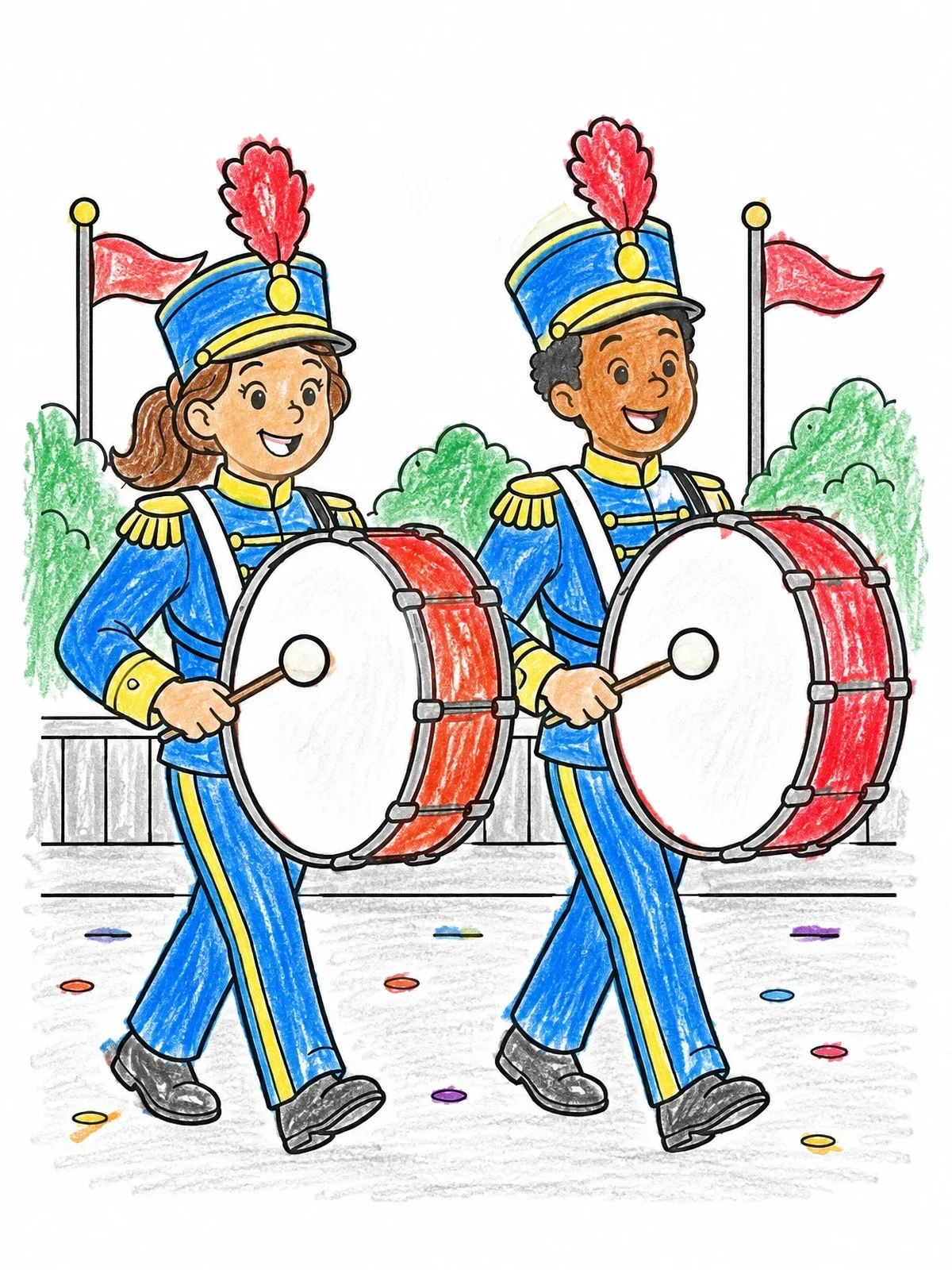Colored example of the Marching Band Bass Drummers Parade coloring page