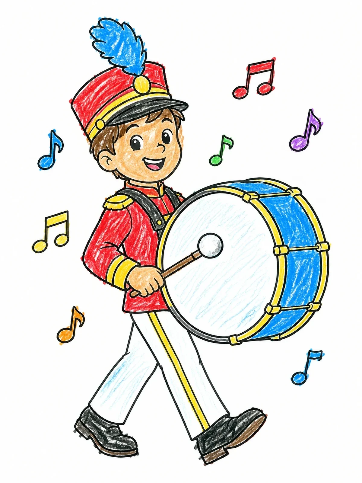 Colored example of the Young Drummer Marching With Bass Drum coloring page