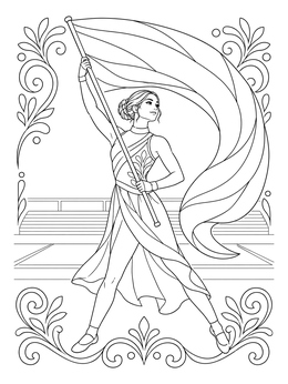 A performer holds a waving flag on this marching band coloring page.