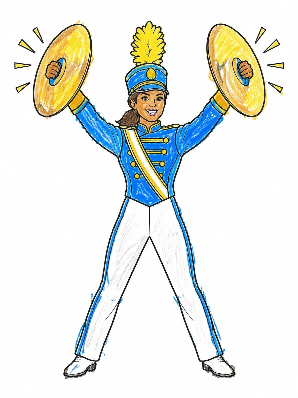 Colored example of the Marching Band Cymbal Player In Uniform coloring page
