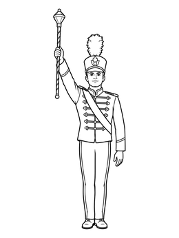 A proud drum major in uniform holds a ceremonial baton in this marching band coloring page.