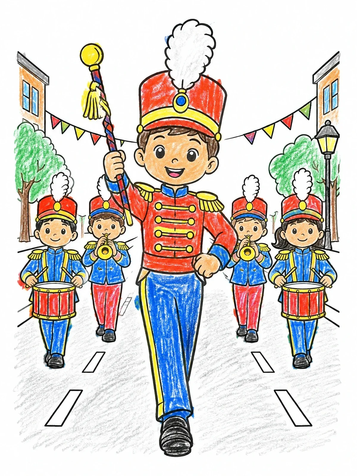 Colored example of the Drum Major Leading Street Parade coloring page