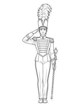 A drum major salutes with a baton in this marching band coloring page.