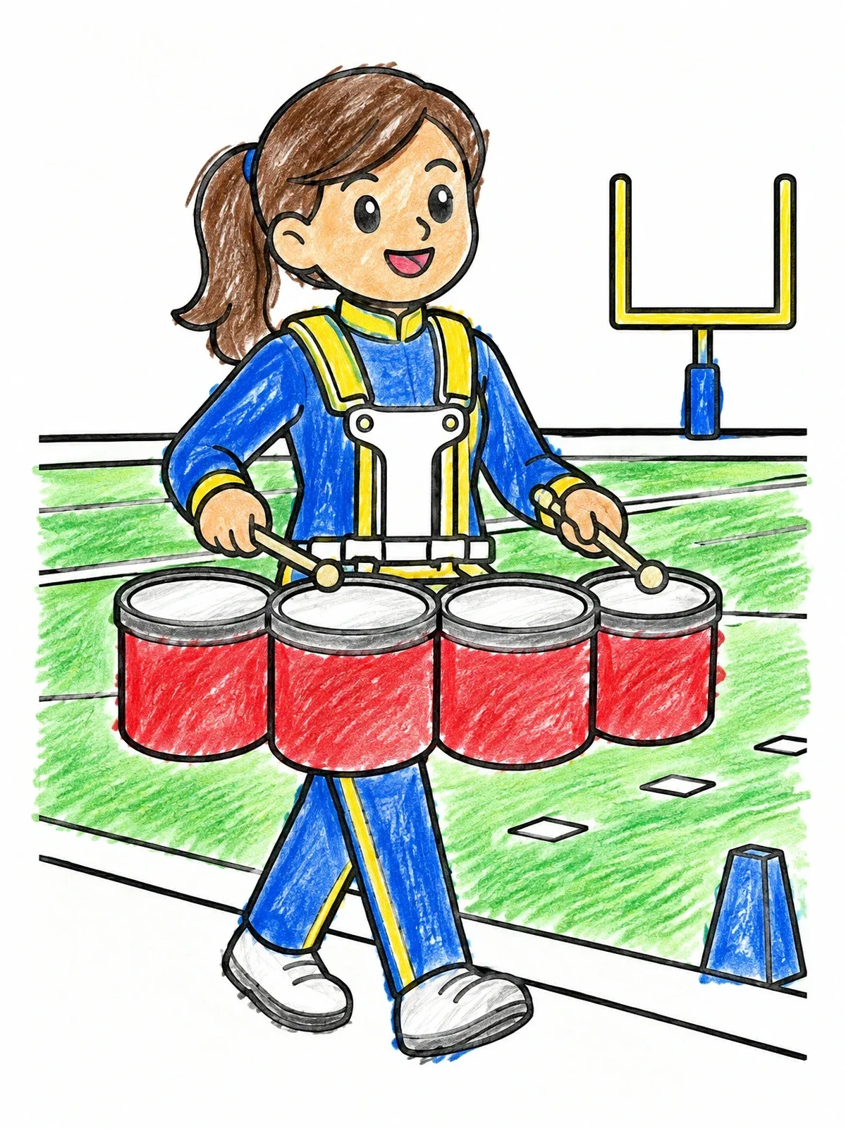 Colored example of the Marching Band Girl Playing Tenor Drums coloring page