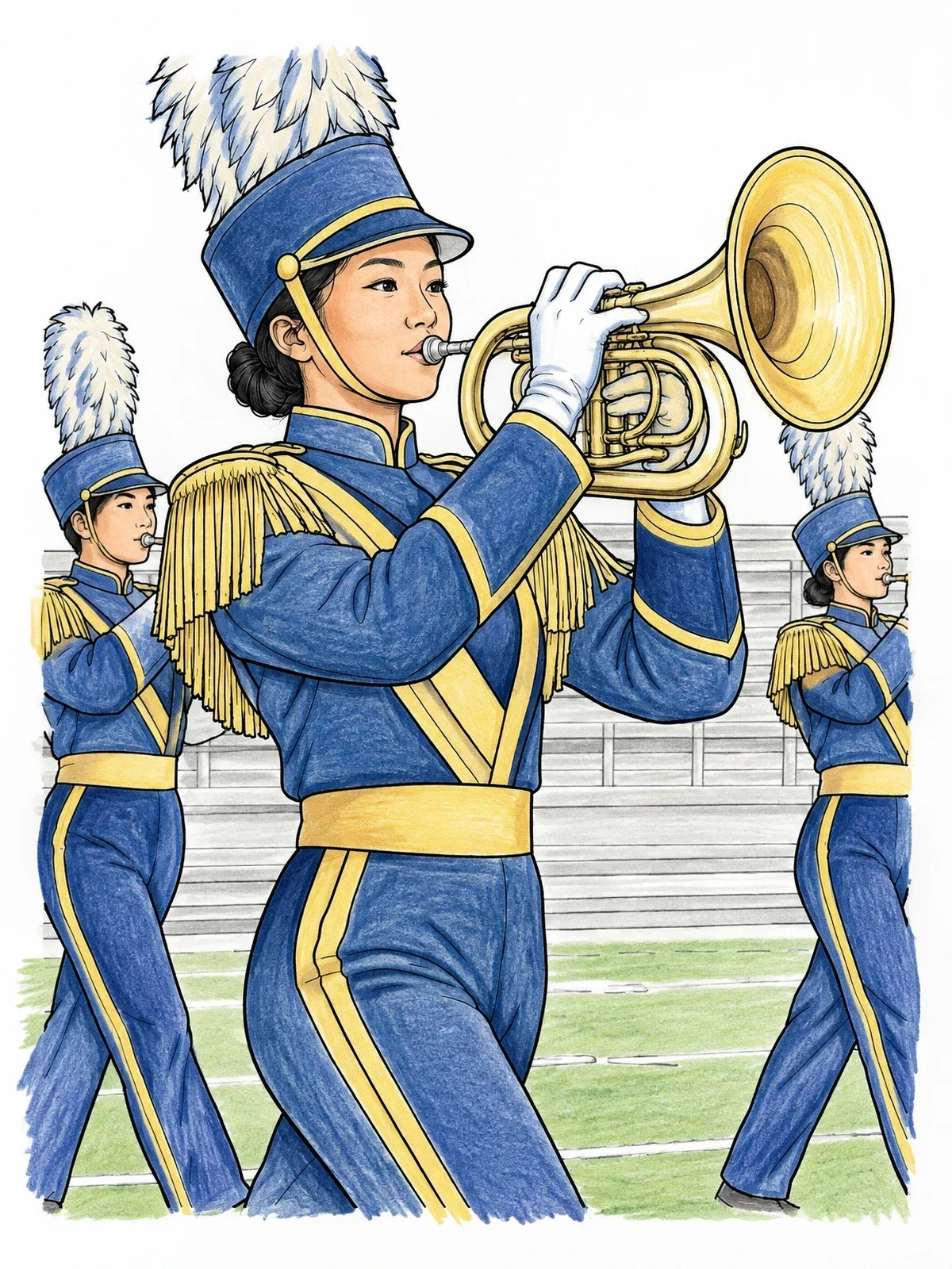 Colored example of the Marching Band Horn Player coloring page
