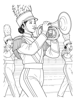A musician performs on this detailed marching band coloring page.