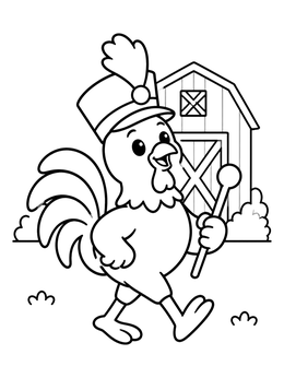 A cheerful rooster coloring page showing a proud bird marching with a baton near a farm barn.