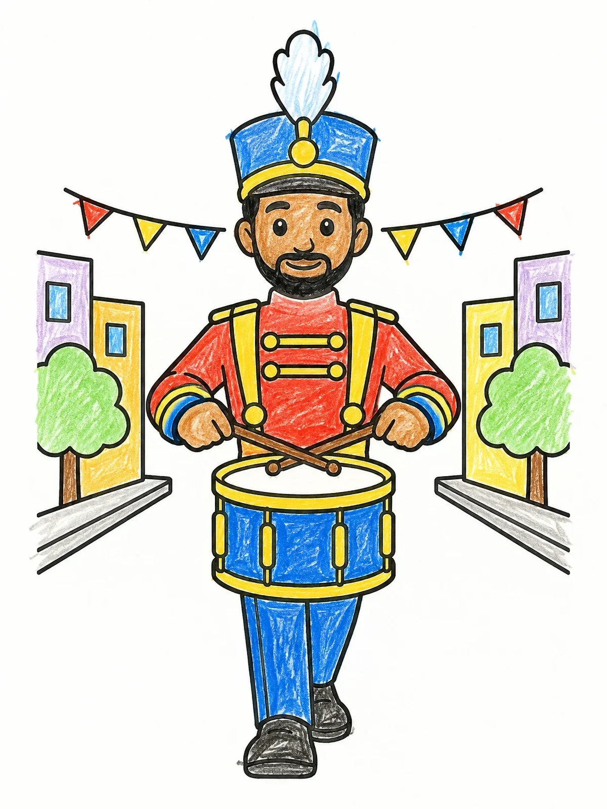 Colored example of the Marching Band Snare Drummer coloring page