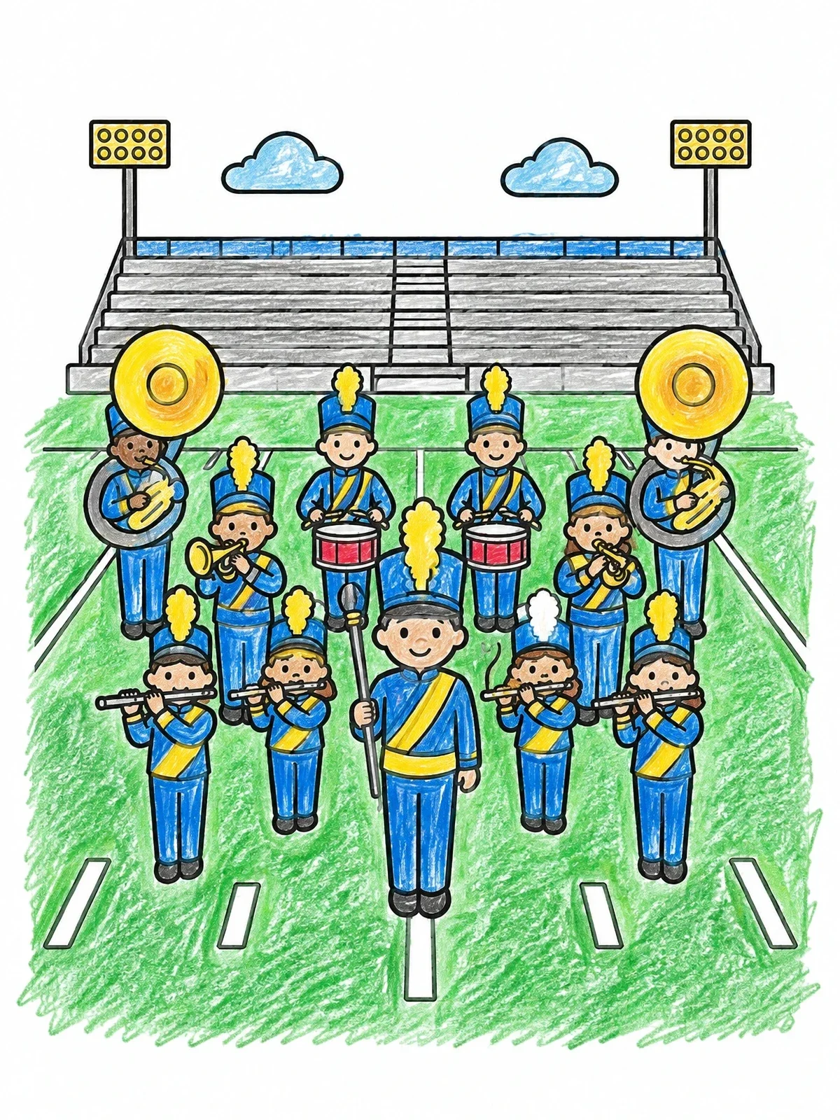Colored example of the Marching Band On The Field coloring page
