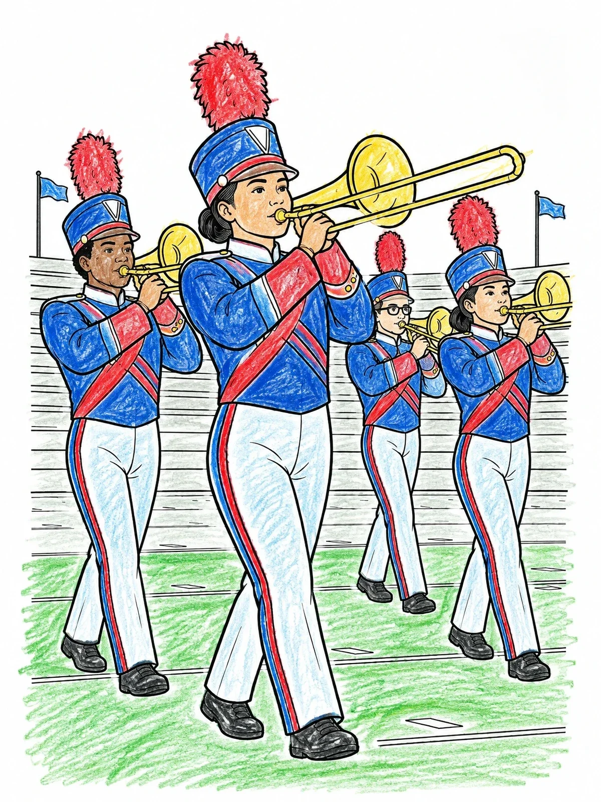 Colored example of the Marching Band Trombone Section coloring page