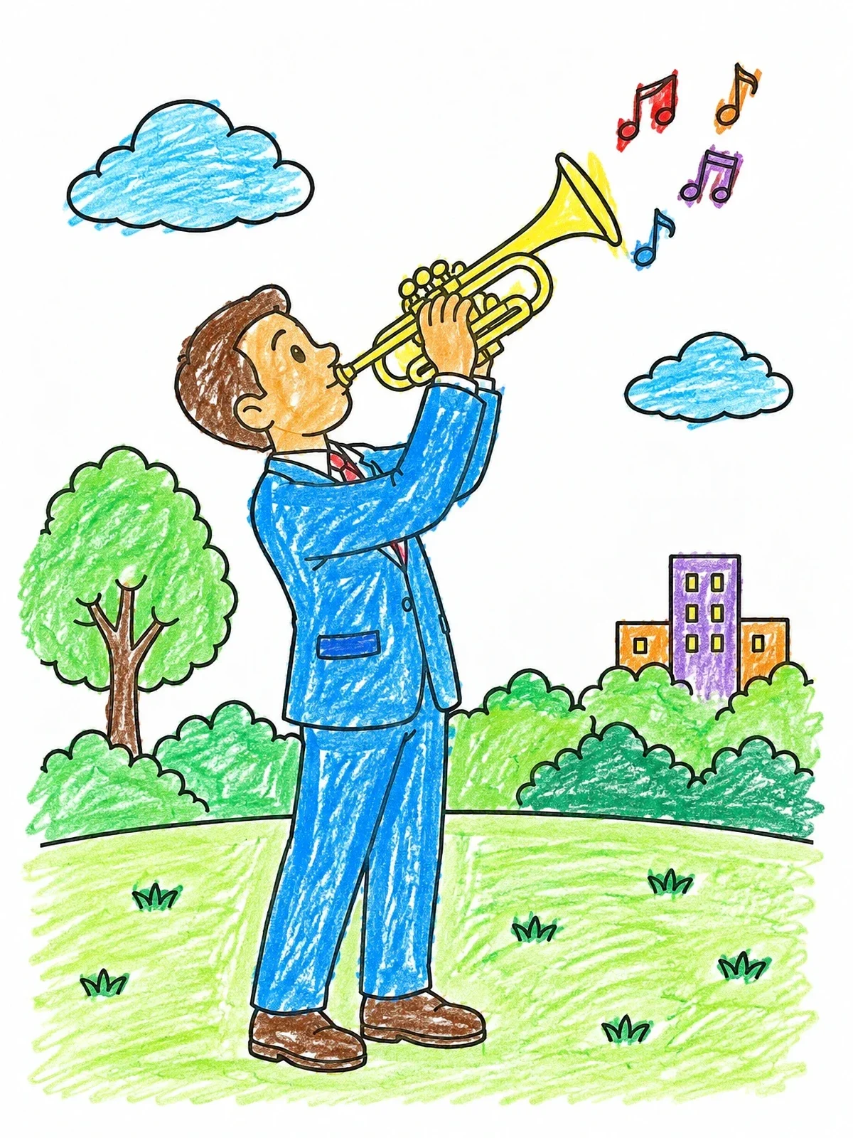 Colored example of the Trumpet Player In The Park coloring page
